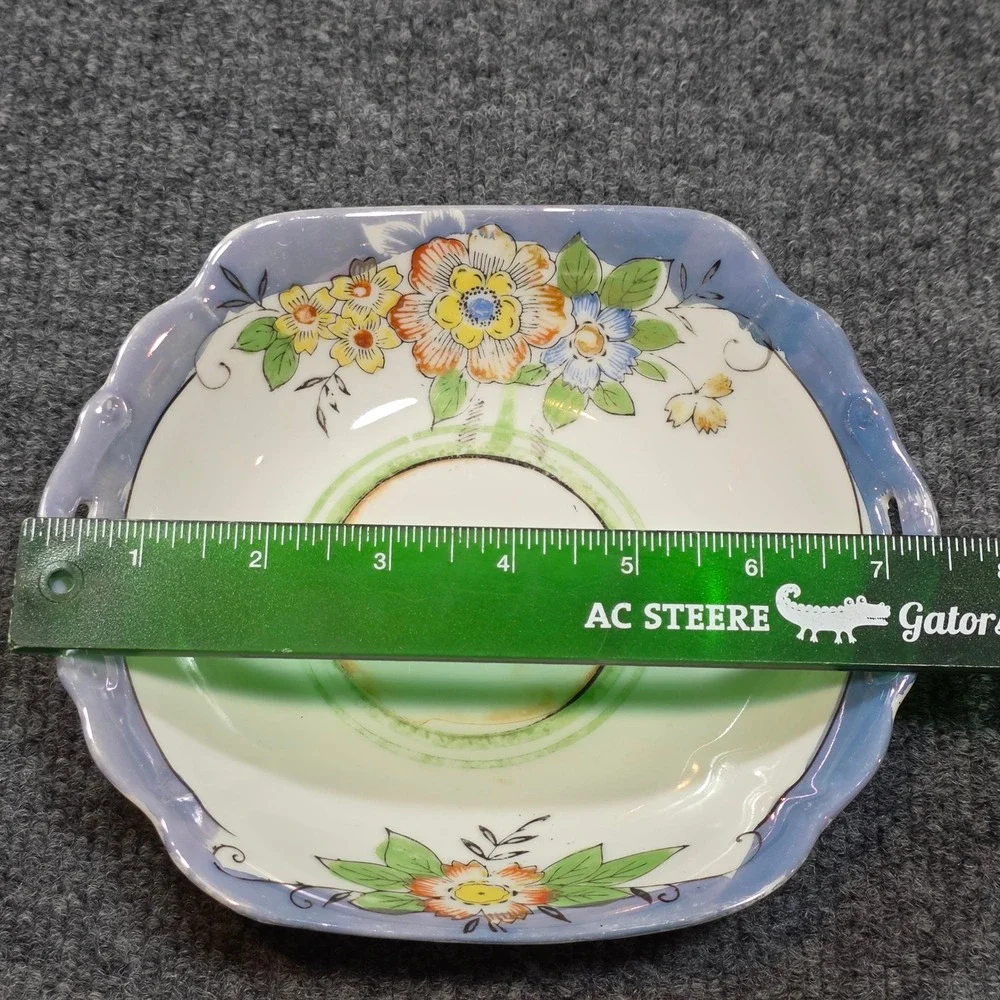 Vintage Made in Japan Floral Lusterware Porcelain Scalloped Square Handled Dish